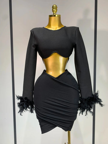 Luxury Birthday Dress Women Sexy Long Sleeve Feather Black Mesh Mini Bodycon Bandage Dress Elegant Evening Club Party Dress black