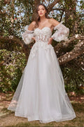 Amanda Luxury 3D Flower A-line Vestidos De Noche White Puffy Sleeve Romantic Tulle Prom Dress