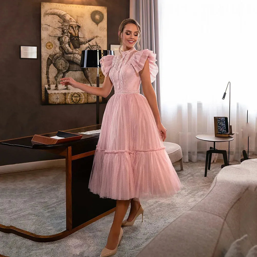 Pink Prom Dresses Tea Length A Line High Neck Saudi Arabia Graduation Formal Gown Evening robes de soirée Pink