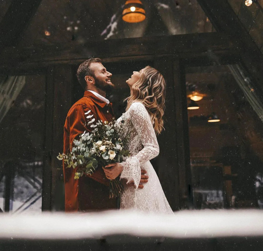Long Sleeves Floral Lace V Neck Boho Wedding Dress Deep V Neck Open Back Modest Rustic Civil Bridal Gown