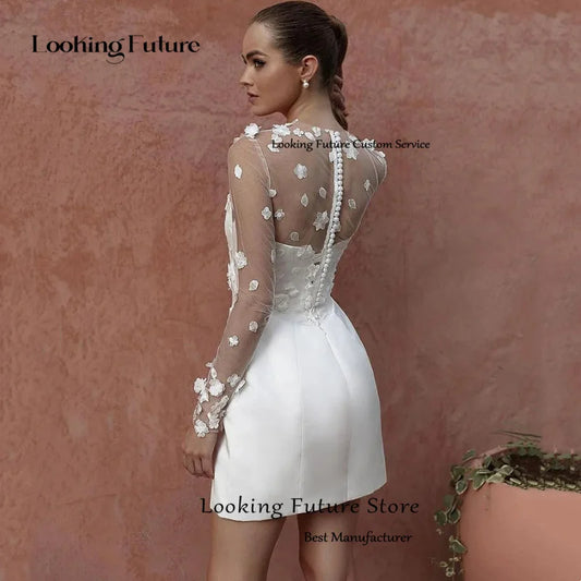 Classic A-Line Mini White Wedding Dress Satin Lace Long Sleeve 3D Flower Sexy Backless With Button Srapless Wedding Gown