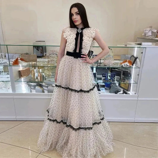 A Line Dotted Tulle Lace Prom Dresses Vintage Long Party Dress Women Formal Evening Gowns Occasion Event Outfit Ivory