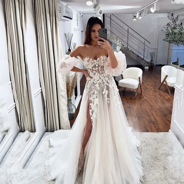 Sexy A Line Wedding Dresses For Bride Elegant Lace Flower Lace Boho Wedding Gowns High Split Princess Bridal Dresses Ivory