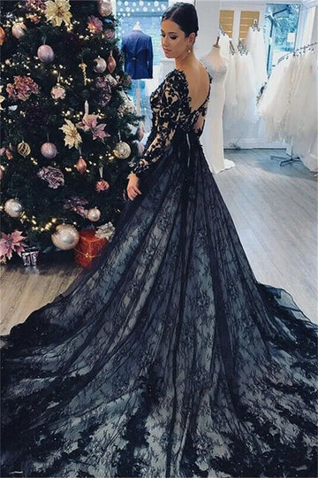 Black Lace Appliques Prom Dresses A-line Tulle Wedding Dress Elegant Long Sleeves Chapel Train V-Neck Vestidos De Fiesta
