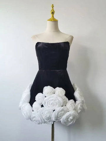 2024 Sexy Women Light Luxury Flower Design Velvet Dress Strapless Sleeveless A-line Bareback Mini Dress Christmas Party Vestidos black