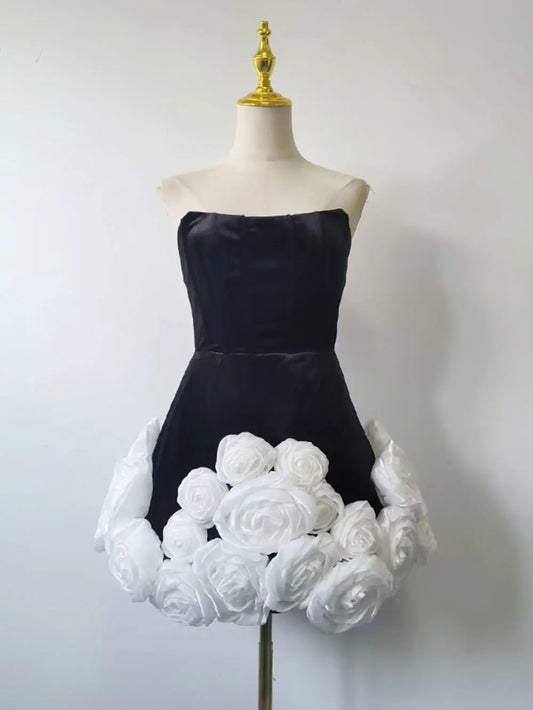 2024 Sexy Women Light Luxury Flower Design Velvet Dress Strapless Sleeveless A-line Bareback Mini Dress Christmas Party Vestidos black