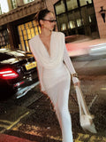 Elegant Solid Draped V-neck Long sleeves Maxi Dress Women White Sexy Backless Backless Evening Party Wedding Gowns Female
