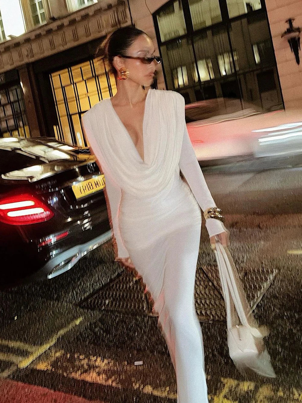 Elegant Solid Draped V-neck Long sleeves Maxi Dress Women White Sexy Backless Backless Evening Party Wedding Gowns Female