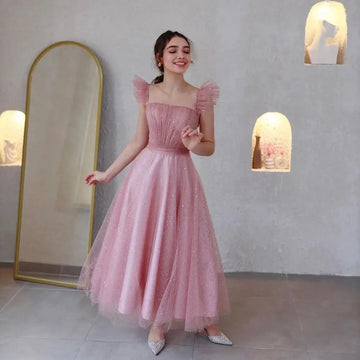 Pink Elegant Glitter Tulle Prom Party Dress Exquisite Pleats A Line Evening Gown Tea Length Short Cocktail Dress As Picture