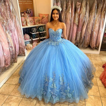 Glittering Blue Ball Gown Quinceanera Dresses Luxury Beading Appliques Vestidos De 15 Anos Formal Birthday Party Blue