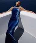 2025 Spring Sexy Women's Hanging Neck Sleeveless Blue Velvet Dress Fashion Bodycon Backless Long Dresses Evening Party Vestidos