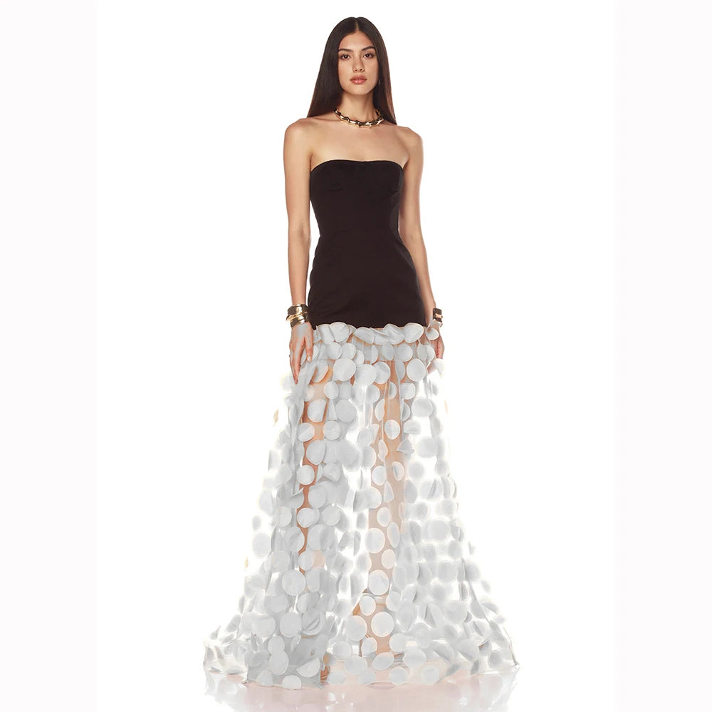 2025 Sexy Women Strapless Dot Mesh Patchwork Long Dress Patchwork Polka Dot A- Line Slim Dresses Female Evening Party Gowns black