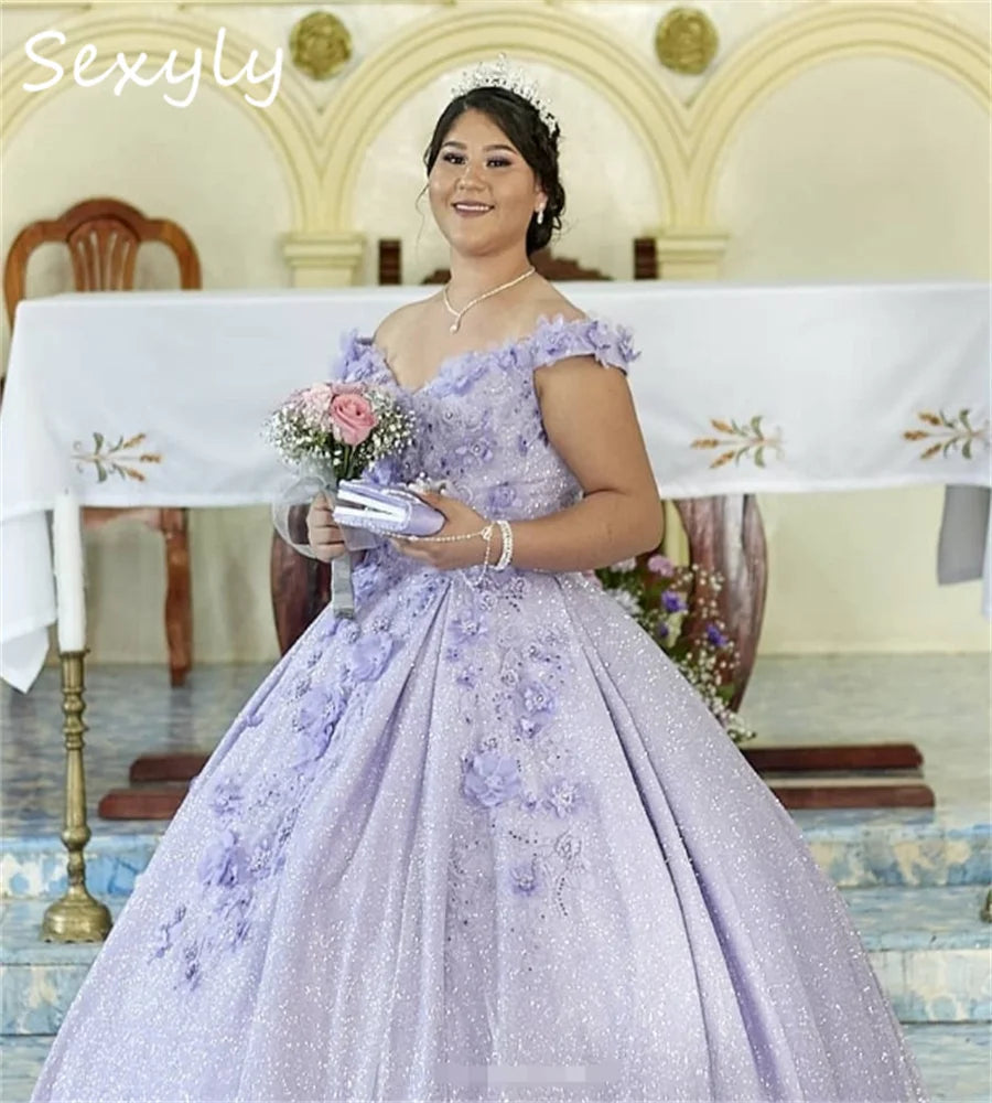 Glitter Lilac Quinceanera Dresses Plus Size 3D Florals Vestido De 15 Años Quinceañera Off Shoulders Sparkly Birthday Customized