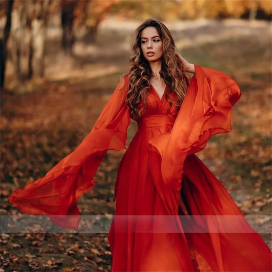 Trumpet Sleeve 30D Chiffon فساتين السهرة Red Long Sweep Train Flying Prom Dress Sexy V-neck A-line Prom Gown