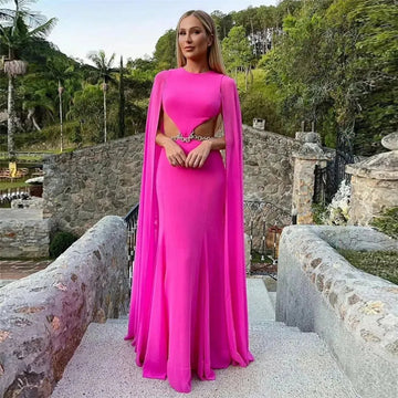Sexy Amaranth Chiffon Prom Dresses Pleat Ruched Long Cape Sleeves Backless Formal Evening Dress Women Party Gowns As Picture
