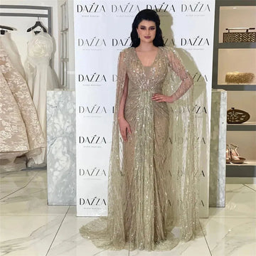 Noble Saudi Arabic Prom Dresses V-Neck Formal Evening Dresses Long Cape Sleeves Sequined Women Party Gowns Event As Picture