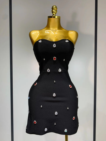 Women Sexy Strapless Colorful Crystal Bodycon Mini Bandage Dress New Spring Elegant Party Celebrate Birthday Outfit black