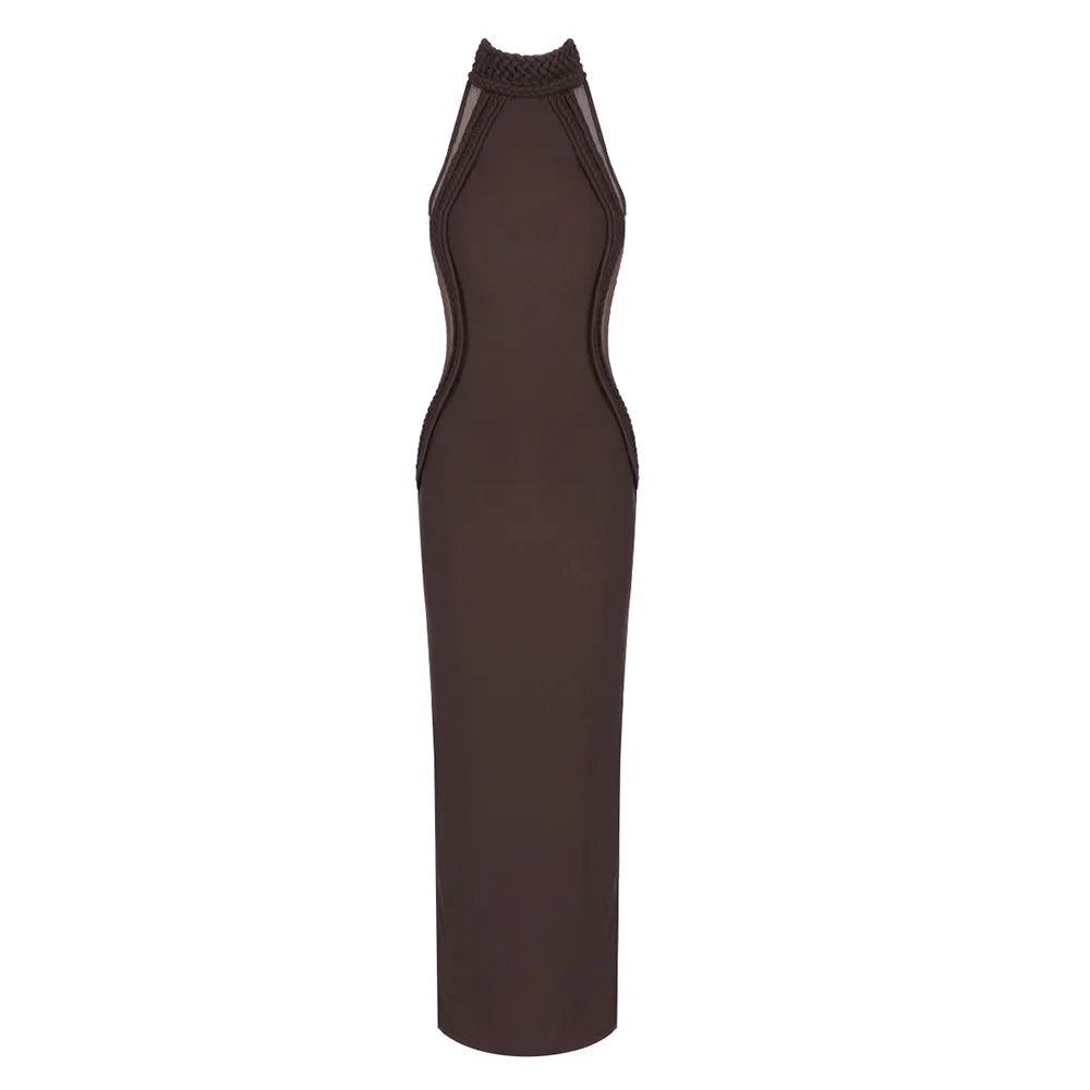 Sexy Sexy Woven Mesh Patchwork Tight Long Dress Women Sleeveless Bodycon Maxi Dresses Evening Party Cocktail Gowns 2025 Brown