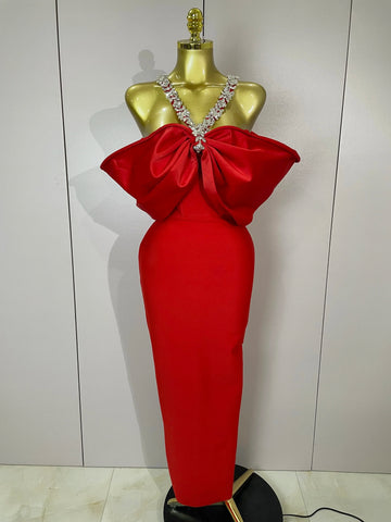 Luxury Rhinestone Chain Red Off Shoulder Vintage Butterfly Chic Bodycon Long Dress Elegant Evening Party Birtyday Clothing Red
