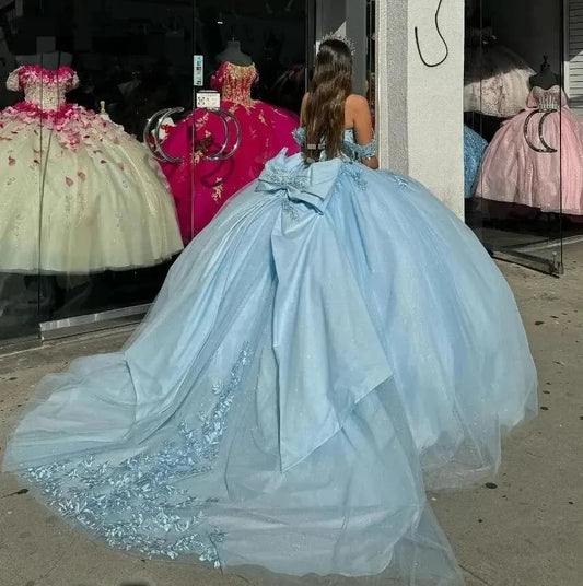 Luxury Blue Quinceanera Dresses With Bow Beading Lace Appliques Vestidos De 15 Anos Formal Birthday Party Princess Blue