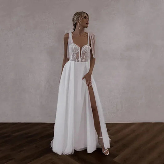 Elegant Lace Appliques White Wedding Dress For Woman A-Line Spaghetti Straps Bride Gown Strapless Illusion Backless High Slit Ivory