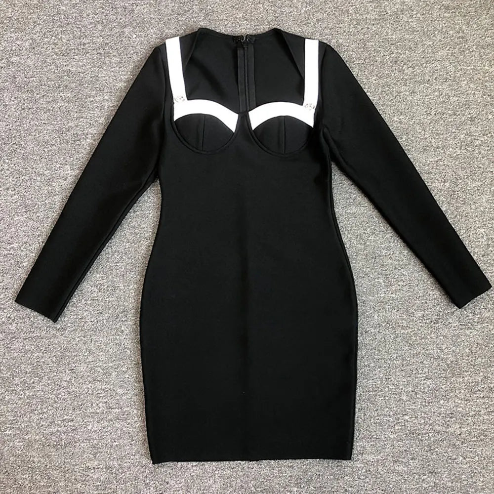 2024 Elegant Women'S Patchwork Bandage Dress Strapless Long Sleeved Bodycon Belt Design Mini Dress Cocktail Party Vestidos