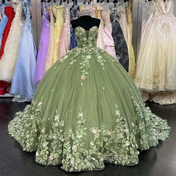 Green Quinceanera Dresses Floral Appliques Flowers Vestidos De 15 Anos Court Train Floor Length Birthday Party Prom Green