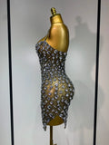 Luxury Diamond Mesh See Through Stretch Bodycon Dress Women Sexy Sleeveless Evening Party Birthday Celebrate Perform Costume