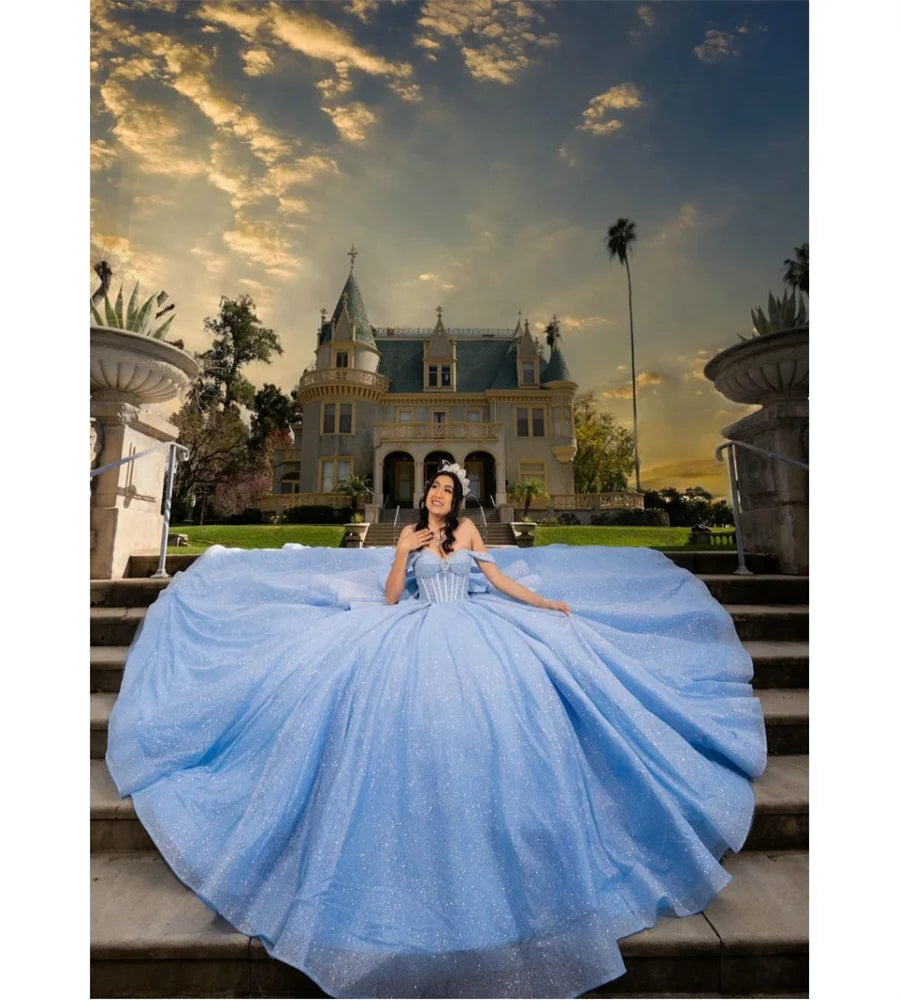 Customized Shinny Blue Quinceanera Dress 2025 Off Shoulders Vestidos De 15 Quinceañera Sweep Train Big Bow Corset Birthday Party