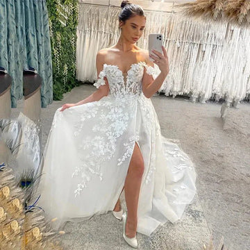 Ivory Lace Wedding Dresses Off The Shoulder Corset Bride Dress Elegant A Line Side Split Bride Wedding Gowns