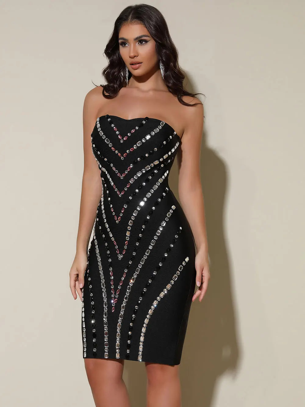 2025 Spring Women's Light Luxury Nail Bead Bandage Dress Strapless Sleeveless Bodycon Bareback Mini Dress Evening Party Vestidos black