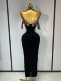 Women Sexy Off the Shoulder Shinning Crystal Bodycon Long Dress High Quality Velvet Celebrate Nightclub Party Birthday Dresses