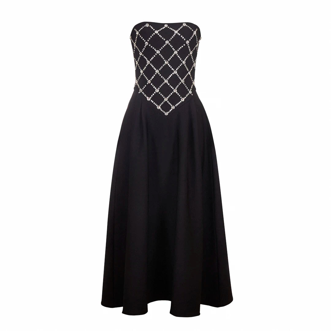 Elegant Black Backless Diamond High waist Long Dress Bandage Women's Sexy Strapless Sleeveless Evening Festival Party Gowns black
