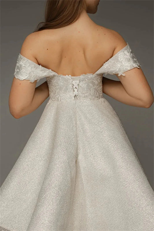 Bella White Lace Embroidery robes de soirée Off the Shoulder A-line Prom Dresses Elegant Sleeveless Short Wedding Dress