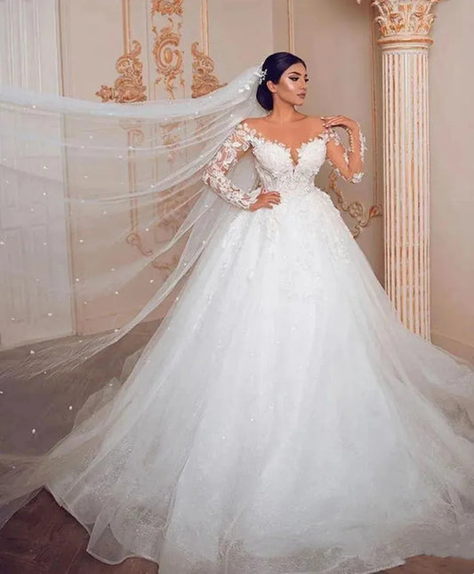 Illusion O-Neck Long Sleeves Wedding Dress 3D Flowers Lace Appliques A-Line Court Train Floor-Length Luxury Bridal Gown As Picture