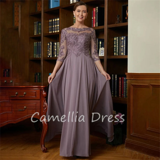 Princess Scoop Neck Mother Of The Bride Dress A-Line Chiffon Lace Floor-Length Formal Dresses Vestidos Mae Da Noiva Casamentos
