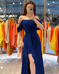 Elegant Chiffon Evening Dresses Spaghetti Strap Off The Shoulder Pleat Ruched Middle Slit Prom Dresses for women Blue