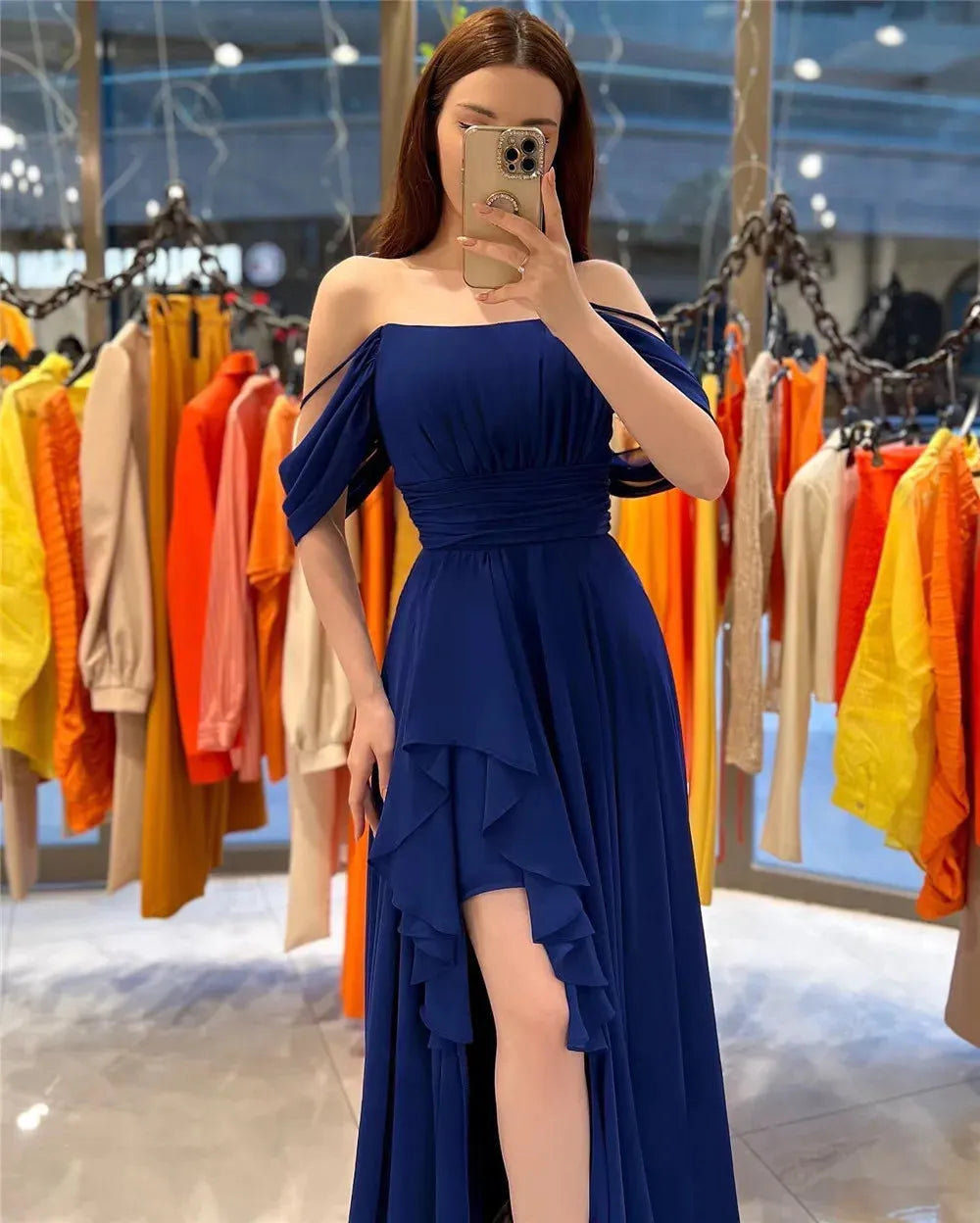 Elegant Chiffon Evening Dresses Spaghetti Strap Off The Shoulder Pleat Ruched Middle Slit Prom Dresses for women Blue
