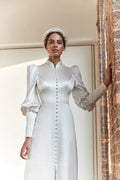 Muslim High Neck Wedding Dresses Split Simple Satin Puff Sleeves A Line Sweep Train Bridal Gowns With Buttons
