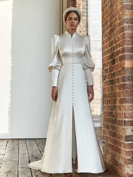 Muslim High Neck Wedding Dresses Split Simple Satin Puff Sleeves A Line Sweep Train Bridal Gowns With Buttons Champagne