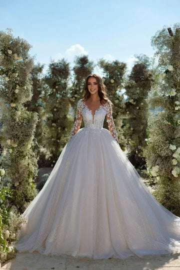 Modern Glitter Tulle Wedding Dresses Long Sleeves V Neck Bridal Gowns For Bride Robe De Mariée Wedding Gown For Women As Picture