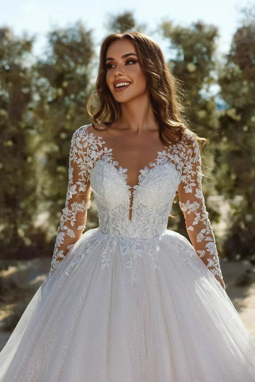 Modern Glitter Tulle Wedding Dresses Long Sleeves V Neck Bridal Gowns For Bride Robe De Mariée Wedding Gown For Women