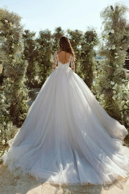 Modern Glitter Tulle Wedding Dresses Long Sleeves V Neck Bridal Gowns For Bride Robe De Mariée Wedding Gown For Women