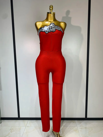 Fashion Celebrate Sparkly Sequin Women Sexy Strapless Bodycon Bandage Jumpsuit Streetwea Nightclub Party Luxury Birthday Outfit Red