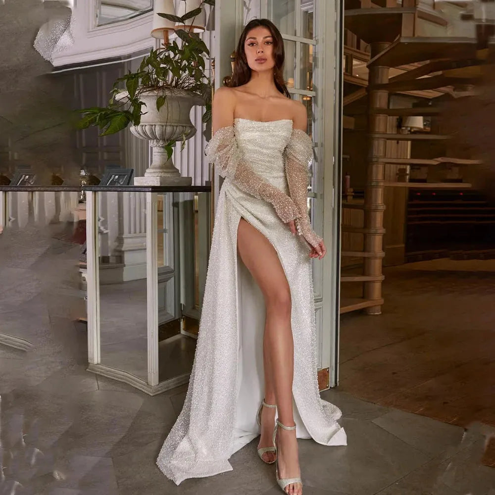 Bling Bling Long Sleeves Sweethert Wedding Dresses Side Slit Custom Made Vestido De Morrie White