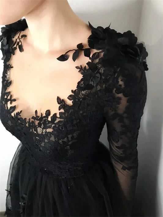 Luxury Lace Embroid Prom Dress Sexy Long Sleeve A-line Black 3D Flower Embroid Vestidos De Noche