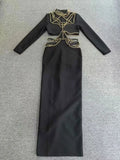 2025 Sexy Women's Light Luxury Pearl Bead Design Hollow Out Long Dress Stand Collar Long Sleeve Bodycon Dresses Party Vestidos black