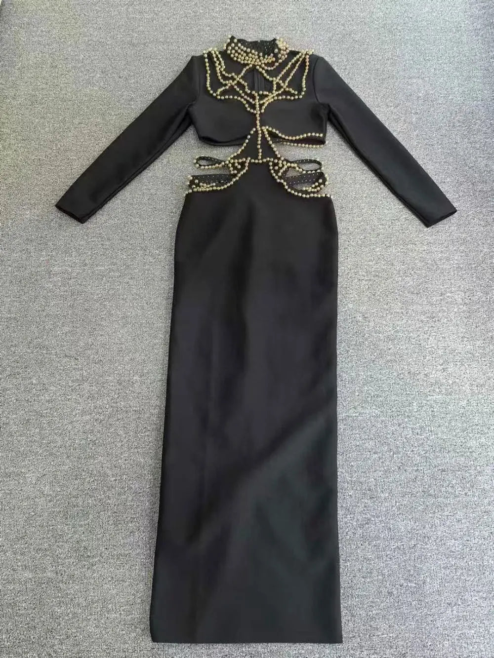 2025 Sexy Women's Light Luxury Pearl Bead Design Hollow Out Long Dress Stand Collar Long Sleeve Bodycon Dresses Party Vestidos black
