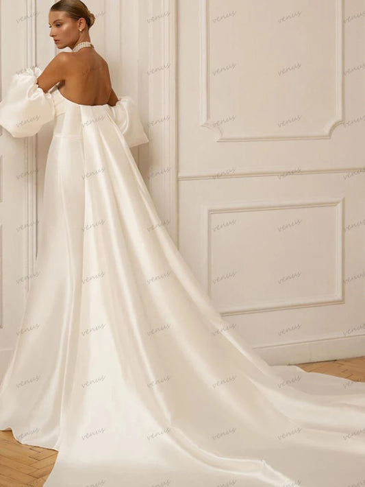 Elegant Simple Wedding Dresses Satin Sheath Mermaid Sexy Bridal Gowns Strapless Backless Sleeveless Robes Vestidos De Novia