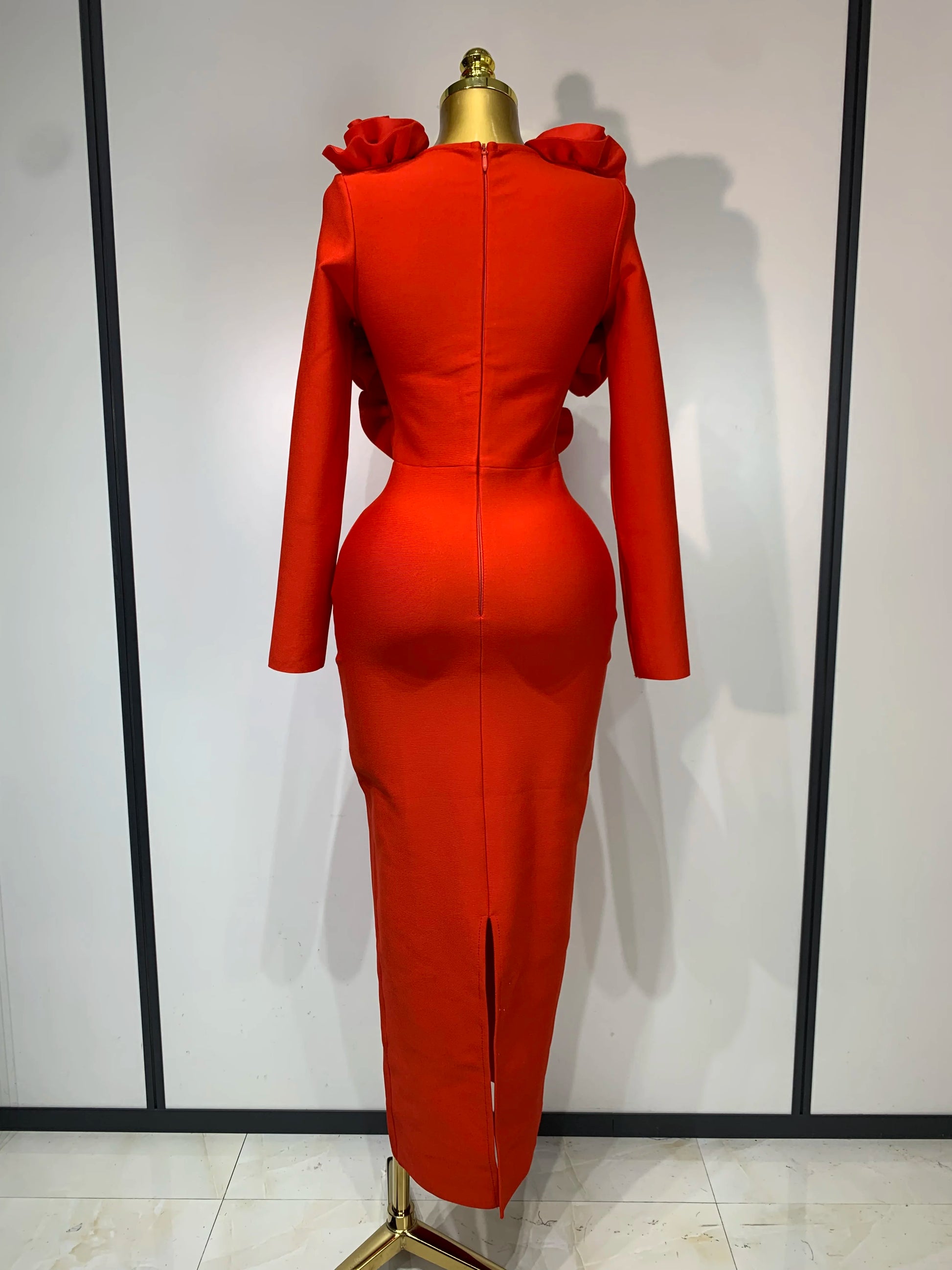 Sexy Fashion Red 3D Flower Long Sleeves Bodycon Long Bandage Dress Women Celebrity Elegant Evening Party Birthday Dresses